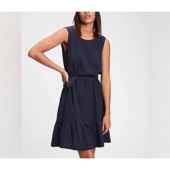 GAP Dress Womens XXL Navy Blue Gauzy Ruffle Hem Sleeveless Belted Nautical - Picture 1 of 8